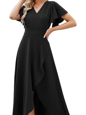 Chic Black Flutter-Sleeve Wrap Maxi Dress